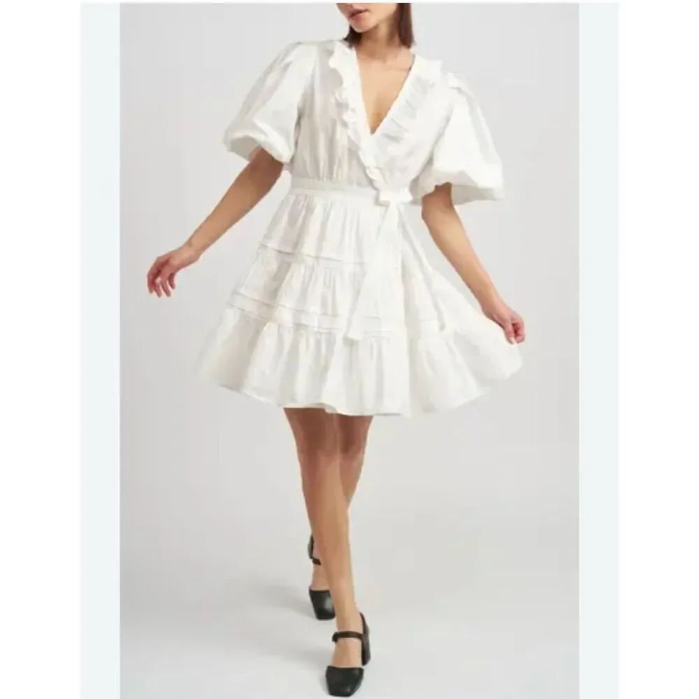 En Saison Loren White Ruffle Wrap Minidress Size L Short Sleeve Summer Sundress